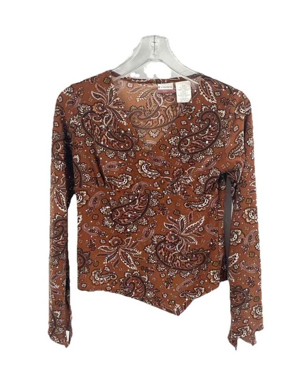 No Boundaries Brown Paisley Rhinestone Top Y2K Boho Fairy Grunge Long Sleeve S